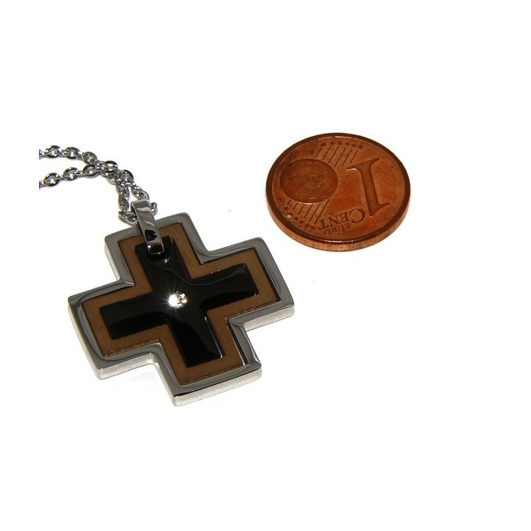 NSA|Steel hypoallergenic: Exclusive necklace © NALBORI rolo 'cross pendant puzzle 3 colors zircon