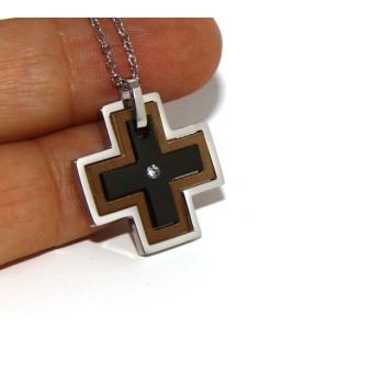 NSA|Steel hypoallergenic: Exclusive necklace © NALBORI rolo 'cross pendant puzzle 3 colors zircon