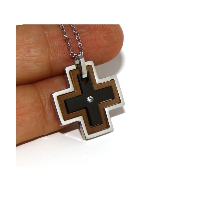 NSA|Acciaio anallergico : Esclusiva collana © NALBORI rolo' ciondolo croce puzzle 3 colori zircone