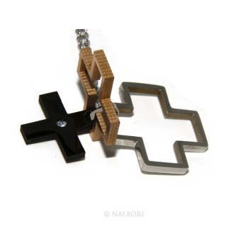 NSA|Steel hypoallergenic: Exclusive necklace © NALBORI rolo 'cross pendant puzzle 3 colors zircon