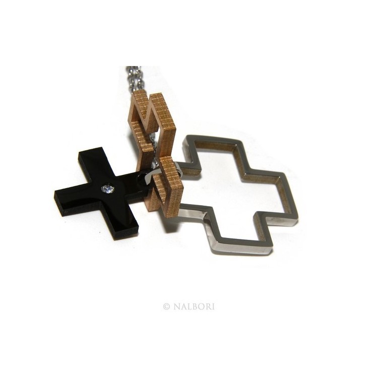 NSA|Steel hypoallergenic: Exclusive necklace © NALBORI rolo 'cross pendant puzzle 3 colors zircon