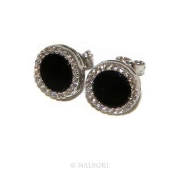 NSA|Stamped 925 silver : one pair of earrings 10mm man woman button black circle zirconia