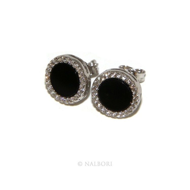 NSA|Stamped 925 silver : one pair of earrings 10mm man woman button black circle zirconia