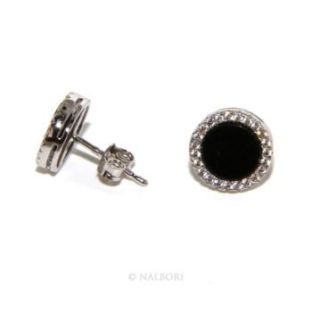 NSA|Stamped 925 silver : one pair of earrings 10mm man woman button black circle zirconia