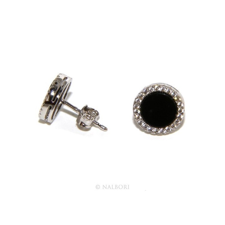 NSA|Stamped 925 silver : one pair of earrings 10mm man woman button black circle zirconia