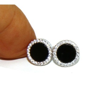 NSA|Argento 925 : coppia di orecchini 10mm uomo donna bottone cerchio nero pavè zirconi