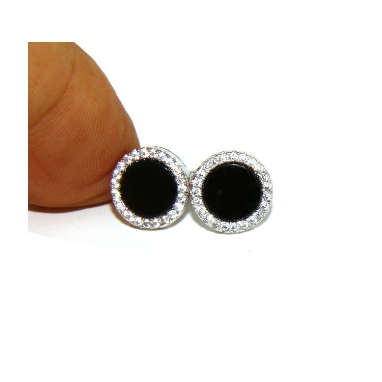 NSA|Stamped 925 silver : one pair of earrings 10mm man woman button black circle zirconia