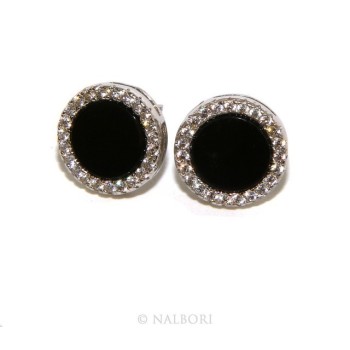 NSA|Argento 925 : coppia di orecchini 10mm uomo donna bottone cerchio nero pavè zirconi
