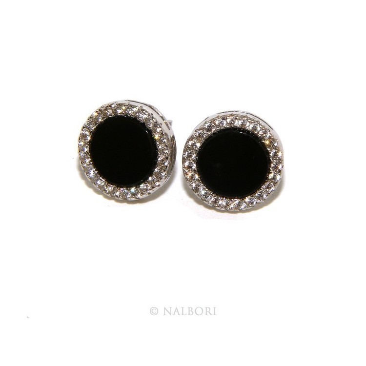 NSA|Stamped 925 silver : one pair of earrings 10mm man woman button black circle zirconia