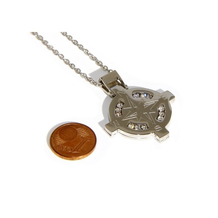 NSA|Stainless steel: Exclusive necklace rolo 'man rose pendant woman winds 12 white cubic zirconia