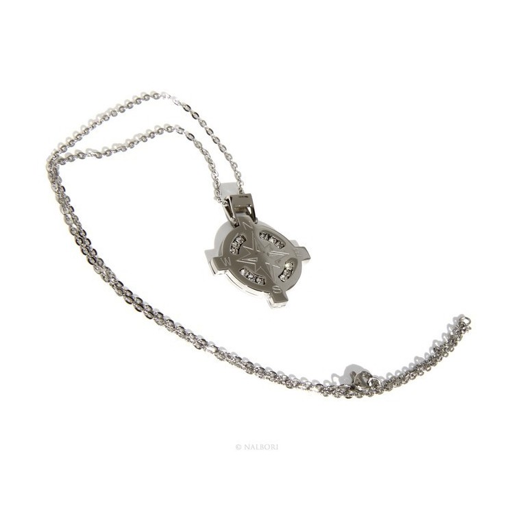 NSA|Stainless steel: Exclusive necklace rolo 'man rose pendant woman winds 12 white cubic zirconia