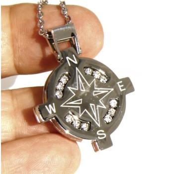 NSA|Stainless steel: Exclusive necklace rolo 'man rose pendant woman winds 12 white cubic zirconia