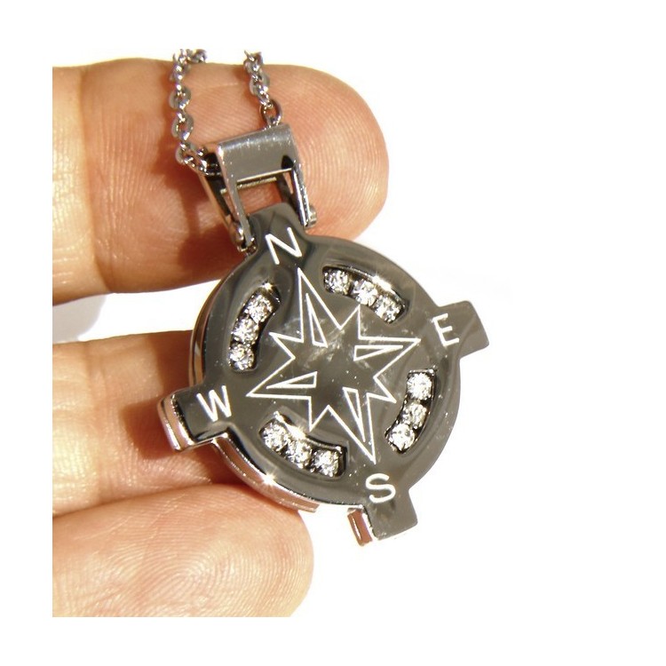 NSA|Stainless steel: Exclusive necklace rolo 'man rose pendant woman winds 12 white cubic zirconia