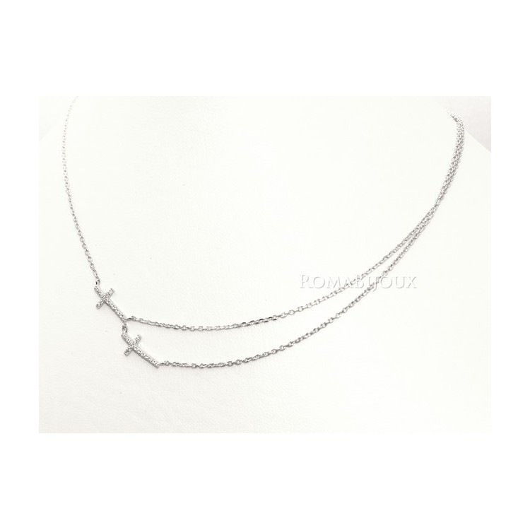 NSA|Argento 925 : Collana Collier donna o uomo doppia catena e 2 croci pavè zirconi bianchi