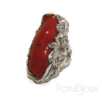 NSA|Argento 925 : grande anello donna barocco regolabile realizzato a mano con corallo verace rosso naturale