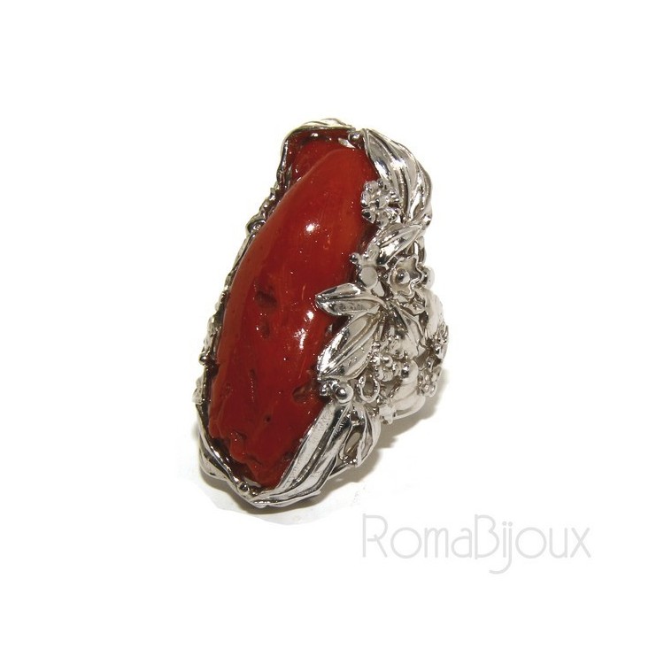 NSA|Argento 925 : grande anello donna barocco regolabile realizzato a mano con corallo verace rosso naturale