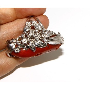 NSA|Argento 925 : grande anello donna barocco regolabile realizzato a mano con corallo verace rosso naturale
