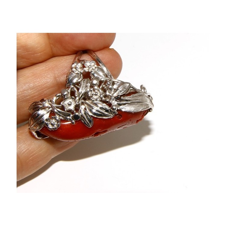 NSA|Argento 925 : grande anello donna barocco regolabile realizzato a mano con corallo verace rosso naturale