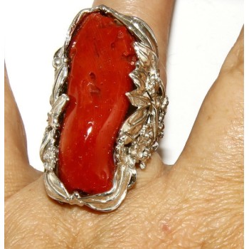 NSA|Argento 925 : grande anello donna barocco regolabile realizzato a mano con corallo verace rosso naturale