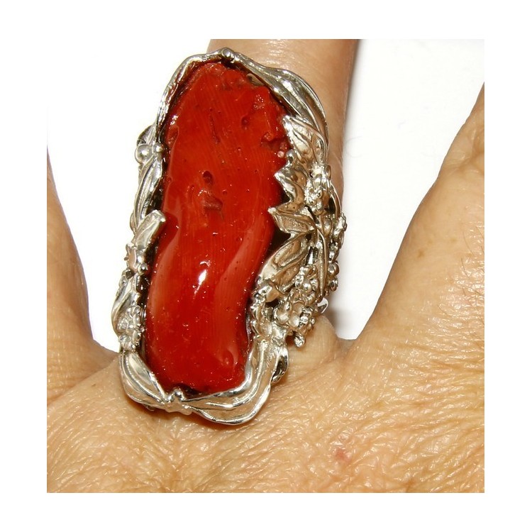 NSA|Argento 925 : grande anello donna barocco regolabile realizzato a mano con corallo verace rosso naturale