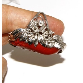 NSA|Argento 925 : grande anello donna barocco regolabile realizzato a mano con corallo verace rosso naturale