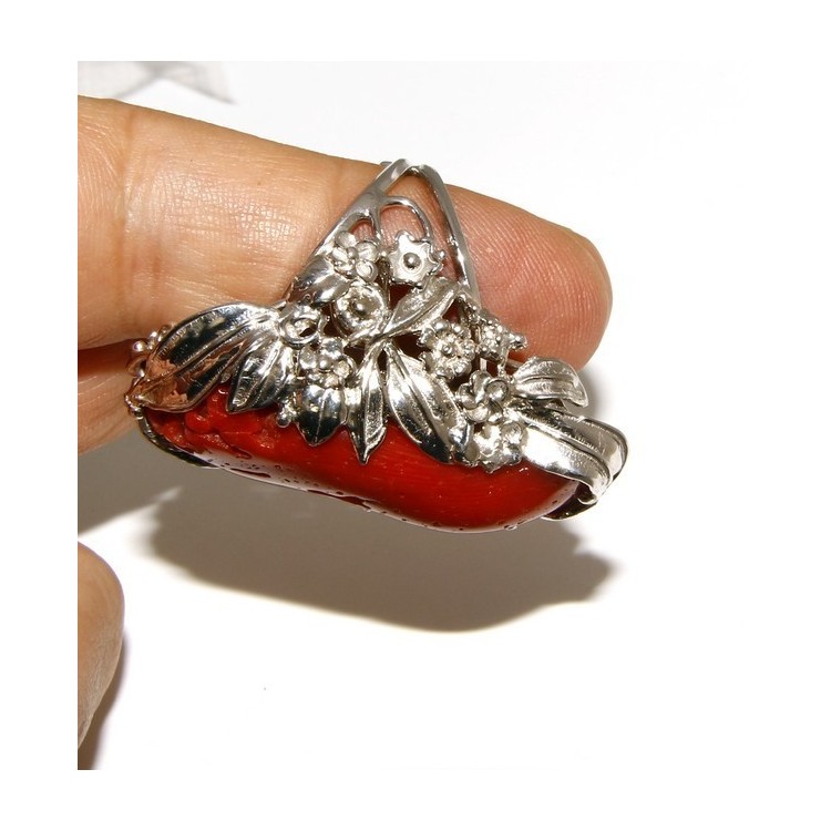 NSA|Argento 925 : grande anello donna barocco regolabile realizzato a mano con corallo verace rosso naturale