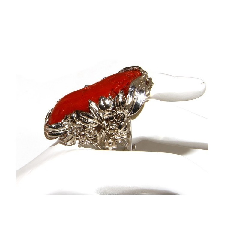 NSA|Argento 925 : grande anello donna barocco regolabile realizzato a mano con corallo verace rosso naturale