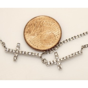 NSA|Argento 925 : Collana Collier donna o uomo doppia catena e 2 croci pavè zirconi bianchi