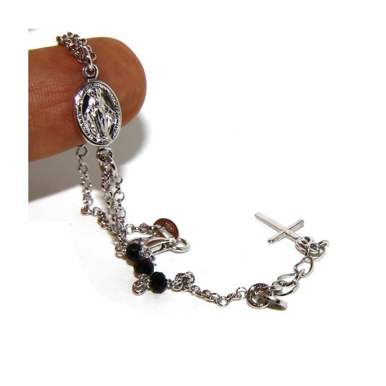 NSA|Bracciale rosario uomo donna in Argento 925 madonna miracolosa , croce e cristallo nero 16,00 18,50 cm