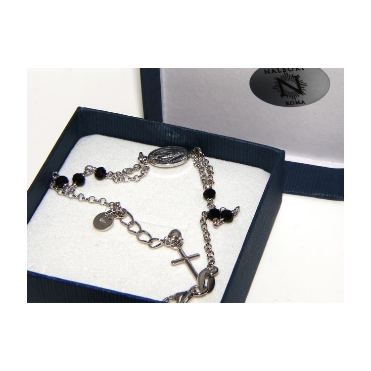 NSA|Rosary bracelet male female 925 miraculous Madonna, cross and black crystal 16.00 18.50 cm