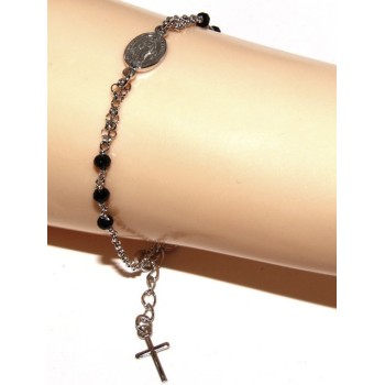 NSA|Rosary bracelet male female 925 miraculous Madonna, cross and black crystal 16.00 18.50 cm