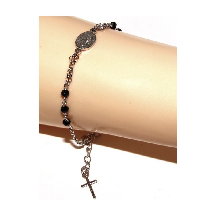 NSA|Rosary bracelet male female 925 miraculous Madonna, cross and black crystal 16.00 18.50 cm