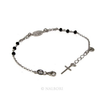 NSA|Bracciale rosario uomo donna in Argento 925 madonna miracolosa , croce e cristallo nero 16,00 18,50 cm