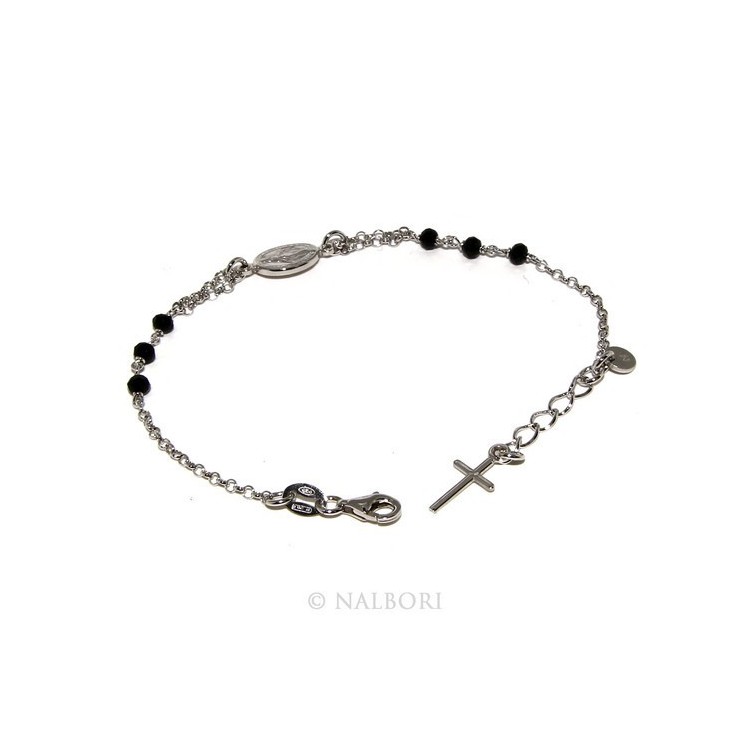 NSA|Rosary bracelet male female 925 miraculous Madonna, cross and black crystal 16.00 18.50 cm