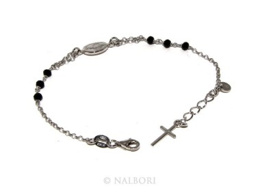 NSA|Rosary bracelet male female 925 miraculous Madonna, cross and black crystal 16.00 18.50 cm