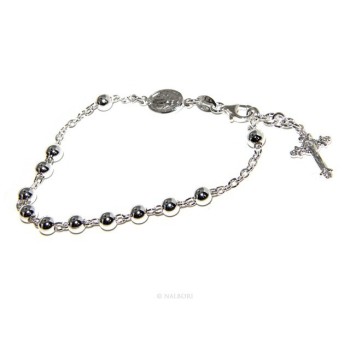 NSA|Bracciale rosario uomo donna in Argento 925 croce lavorata 18-19 cm palline da 5 mm chiaro