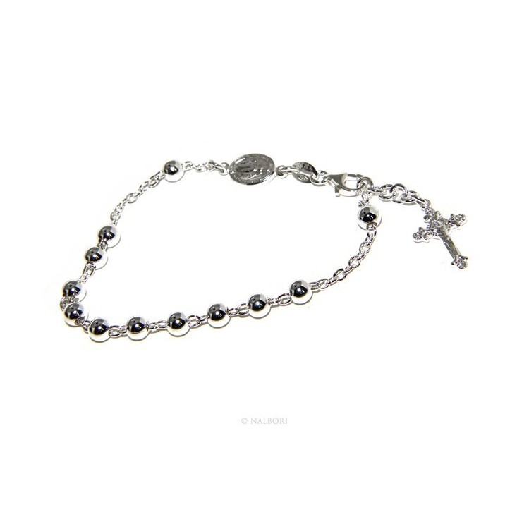 NSA|Bracciale rosario uomo donna in Argento 925 croce lavorata 18-19 cm palline da 5 mm chiaro