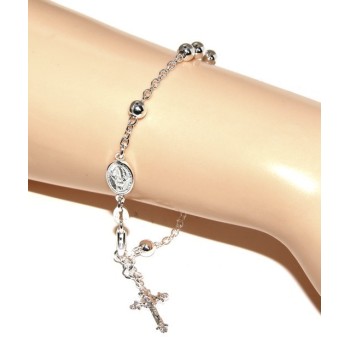 NSA|Rosary bracelet male female 925 sterling silver cross worked 18-19 cm balls 5 mm clear