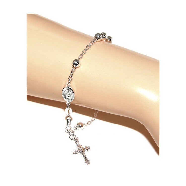 NSA|Bracciale rosario uomo donna in Argento 925 croce lavorata 18-19 cm palline da 5 mm chiaro
