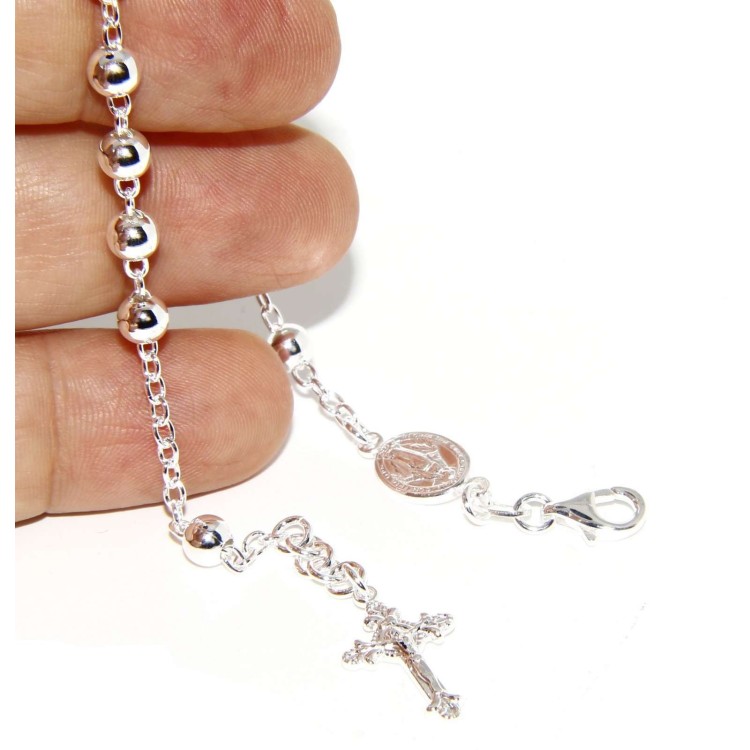 NSA|Rosary bracelet male female 925 sterling silver cross worked 18-19 cm balls 5 mm clear