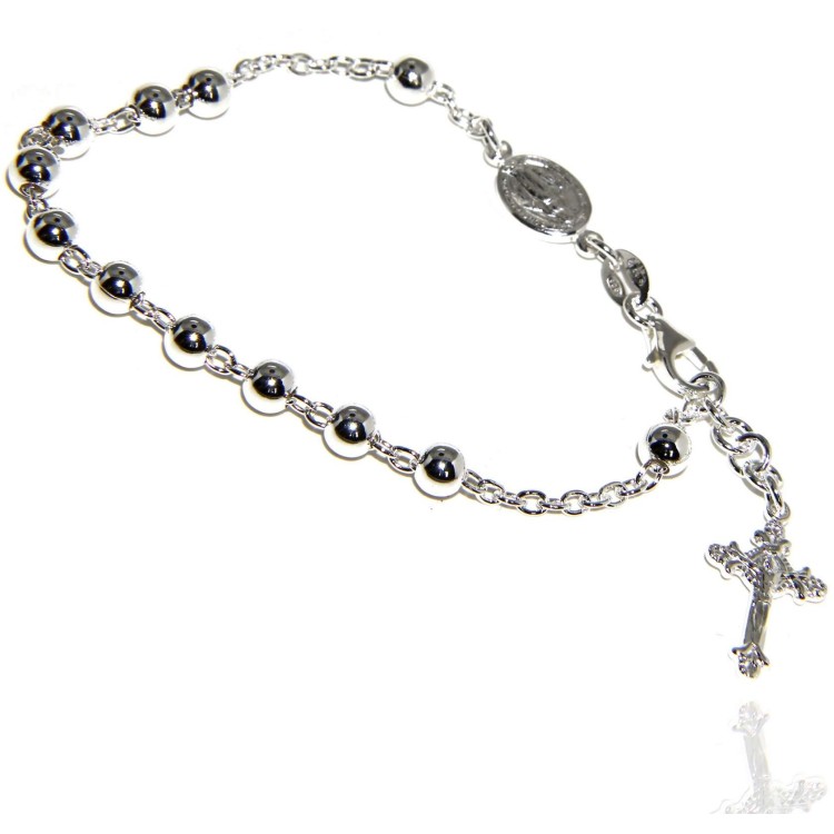 NSA|Rosary bracelet male female 925 sterling silver cross worked 18-19 cm balls 5 mm clear