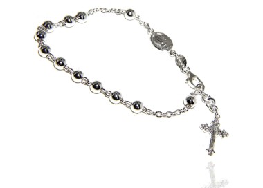 NSA|Rosary bracelet male female 925 sterling silver cross worked 18-19 cm balls 5 mm clear