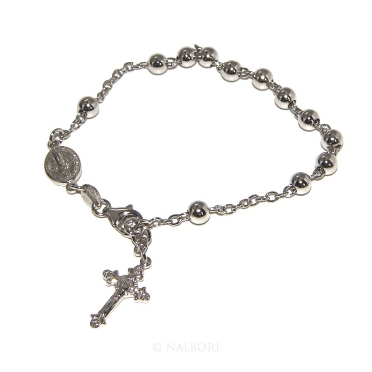 NSA|Rosary bracelet male female 925 sterling silver cross worked 18-19 cm balls 5mm rhodium