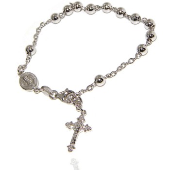 NSA|Rosary bracelet male female 925 sterling silver cross worked 18-19 cm balls 5mm rhodium