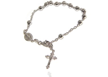 NSA|Bracciale rosario uomo donna in Argento 925 croce lavorata 18-19 cm palline da 5 mm rodiato