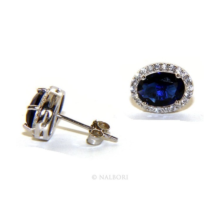 NSA|Argento 925 : orecchini donna stud bottone oval pietra zirconia cubica blue sapphire bluette 10x8