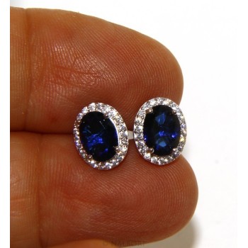NSA|Argento 925 : orecchini donna stud bottone oval pietra zirconia cubica blue sapphire bluette 10x8