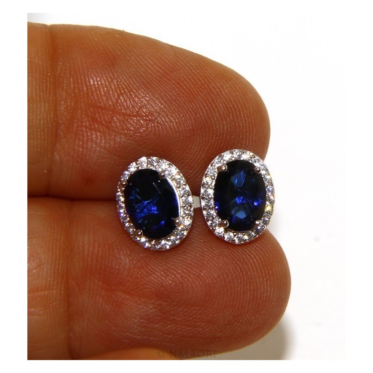 NSA|Argento 925 : orecchini donna stud bottone oval pietra zirconia cubica blue sapphire bluette 10x8