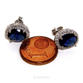NSA|Argento 925 : orecchini donna stud bottone oval pietra zirconia cubica blue sapphire bluette 10x8