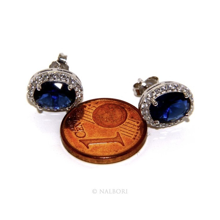 NSA|Argento 925 : orecchini donna stud bottone oval pietra zirconia cubica blue sapphire bluette 10x8